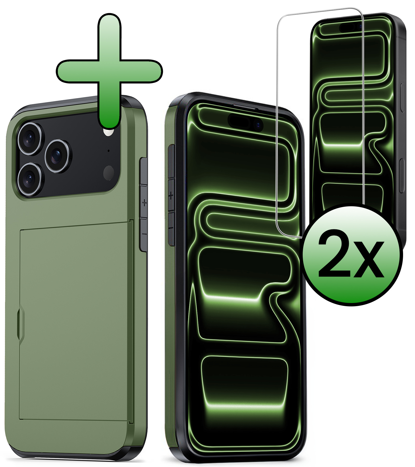 BASEY. BASEY. iPhone 17 Pro Hoesje Pashouder Hard Met 2x Screenprotector - Donker Groen