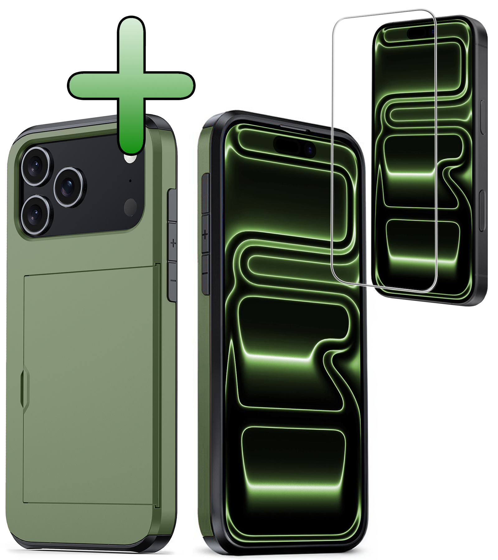 BASEY. BASEY. iPhone 17 Pro Max Hoesje Pashouder Hard Met Screenprotector - Donker Groen