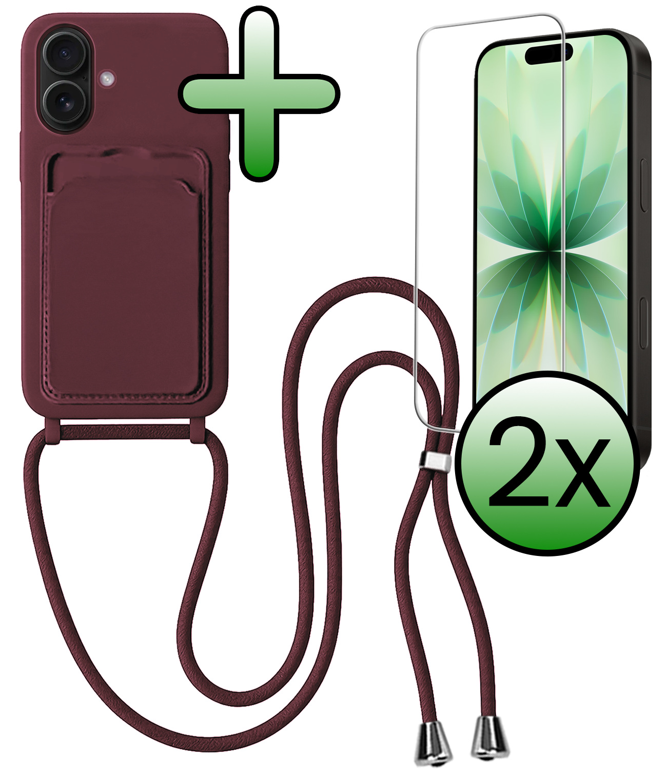 BASEY. BASEY. iPhone 17 Hoesje Pashouder met Koord Met 2x Screenprotector - Aubergine