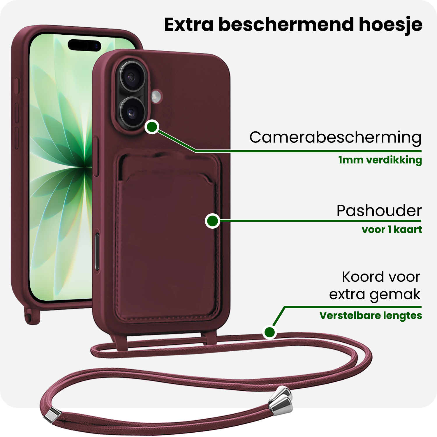 BASEY. BASEY. iPhone 17 Hoesje Pashouder met Koord Met 2x Screenprotector - Aubergine