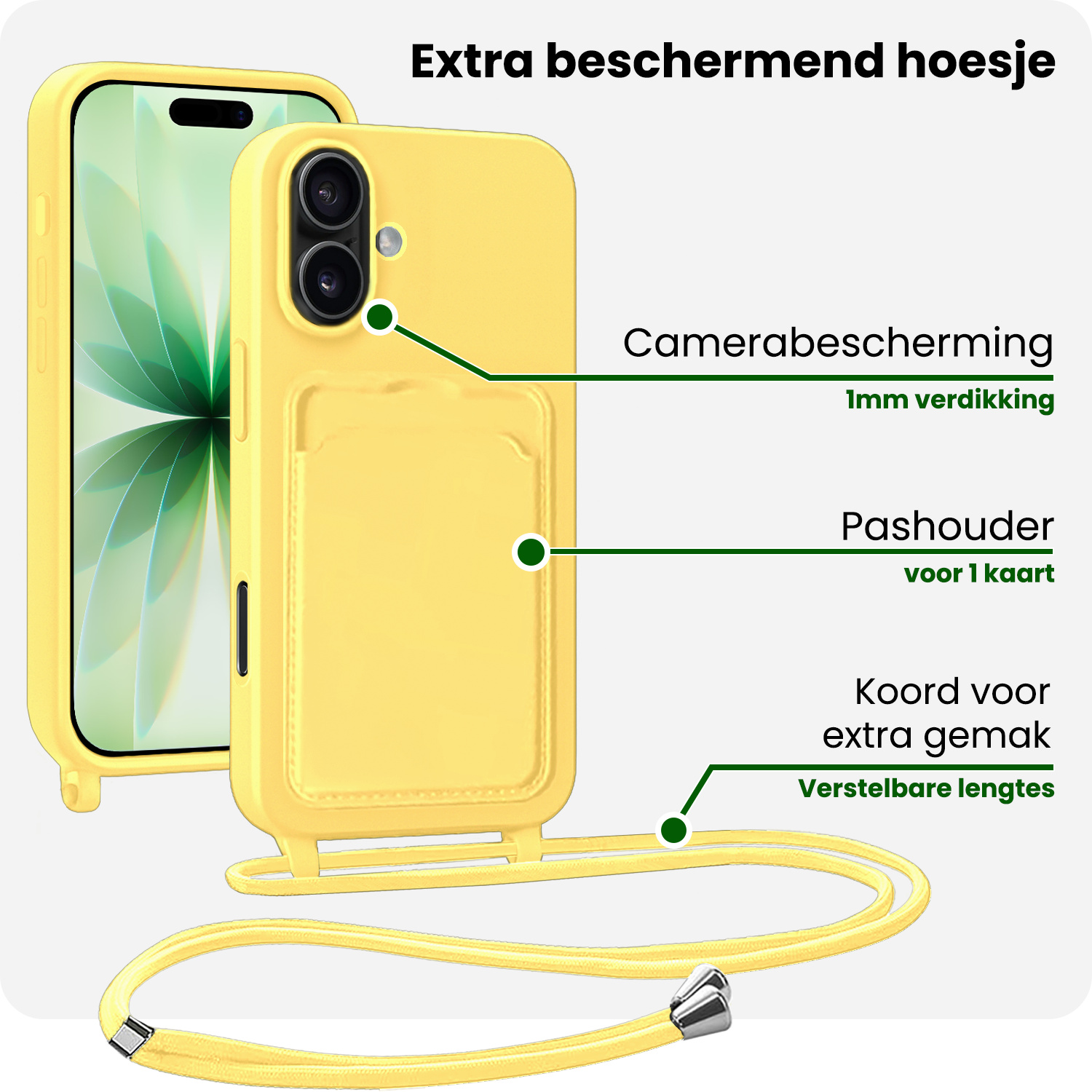 BASEY. BASEY. iPhone 17 Hoesje Pashouder met Koord Met Screenprotector - Geel