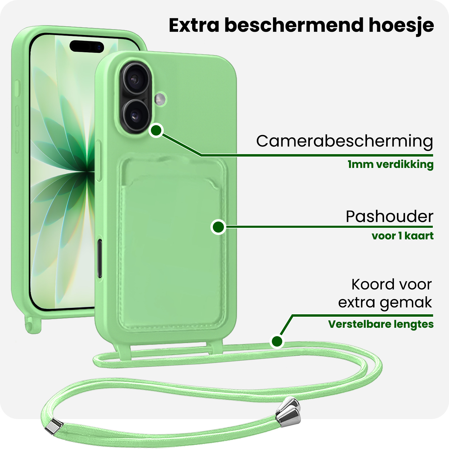BASEY. BASEY. iPhone 17 Hoesje Pashouder met Koord Met Screenprotector - Groen