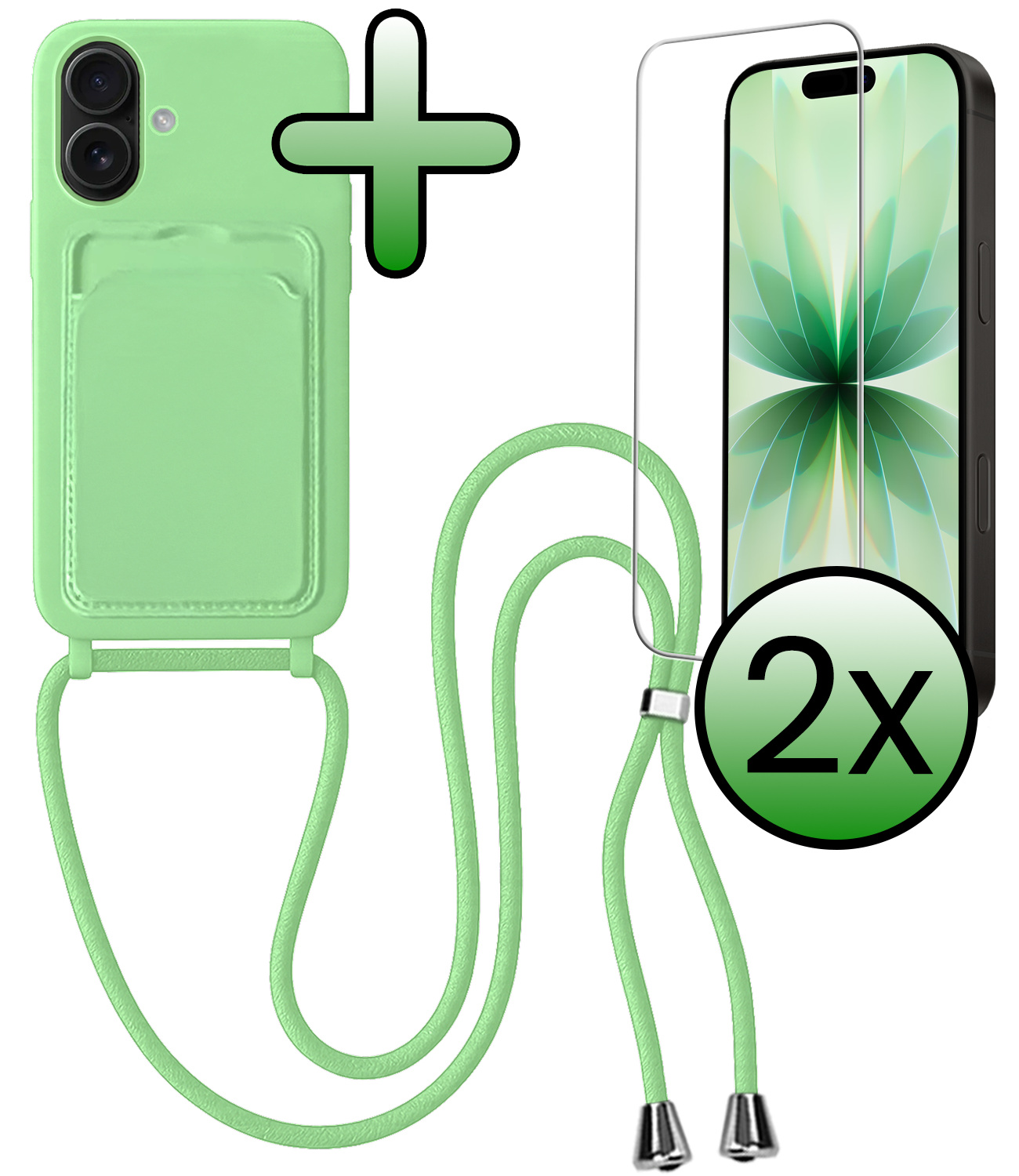 BASEY. BASEY. iPhone 17 Hoesje Pashouder met Koord Met 2x Screenprotector - Groen