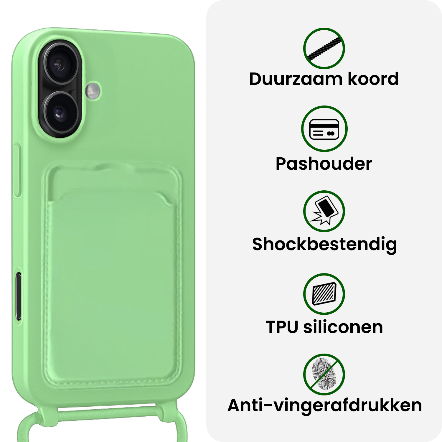 BASEY. BASEY. iPhone 17 Hoesje Pashouder met Koord Met 2x Screenprotector - Groen