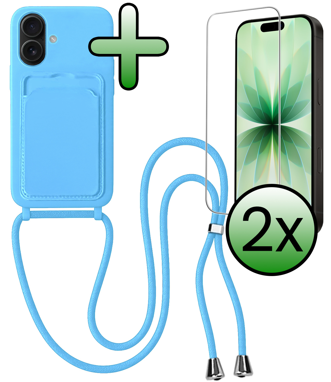 BASEY. BASEY. iPhone 17 Hoesje Pashouder met Koord Met 2x Screenprotector - Lichtblauw