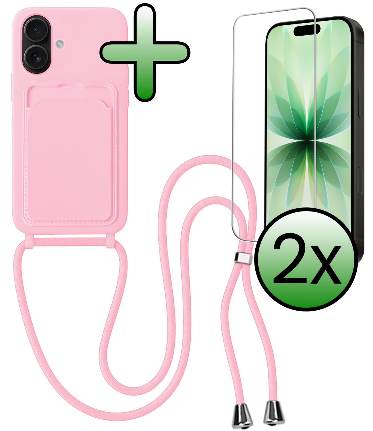 BASEY. BASEY. iPhone 17 Hoesje Pashouder met Koord Met 2x Screenprotector - Lichtroze