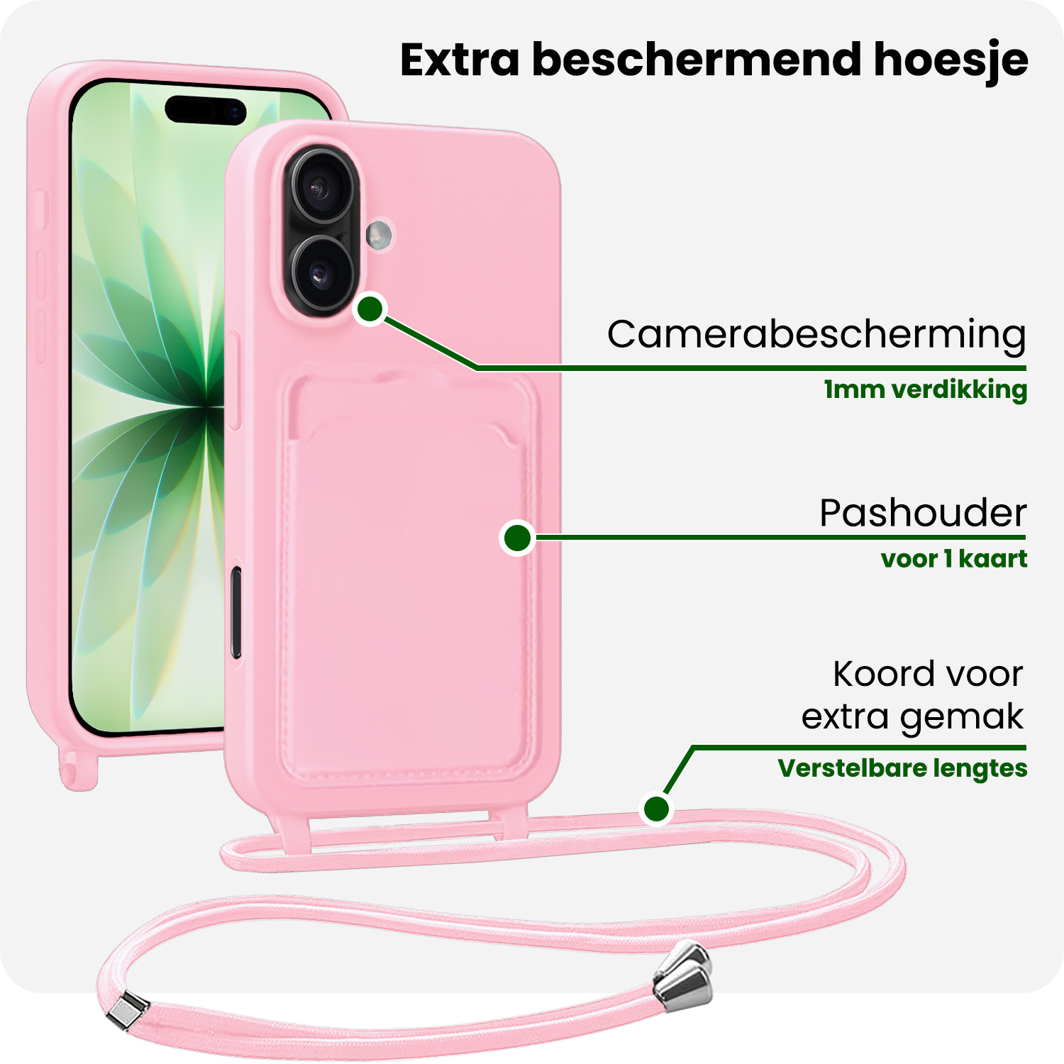 BASEY. BASEY. iPhone 17 Hoesje Pashouder met Koord Met 2x Screenprotector - Lichtroze