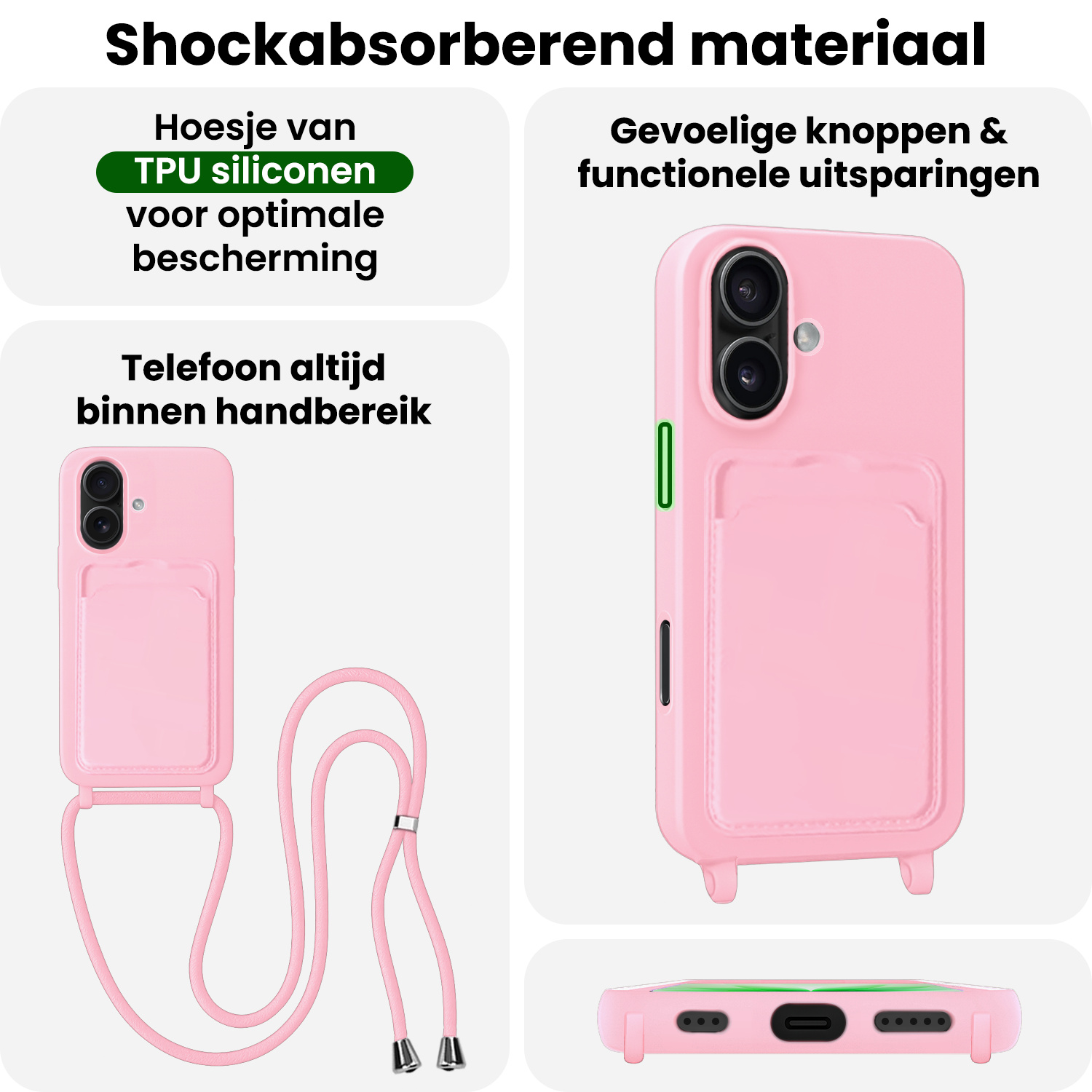 BASEY. BASEY. iPhone 17 Hoesje Pashouder met Koord Met 2x Screenprotector - Lichtroze