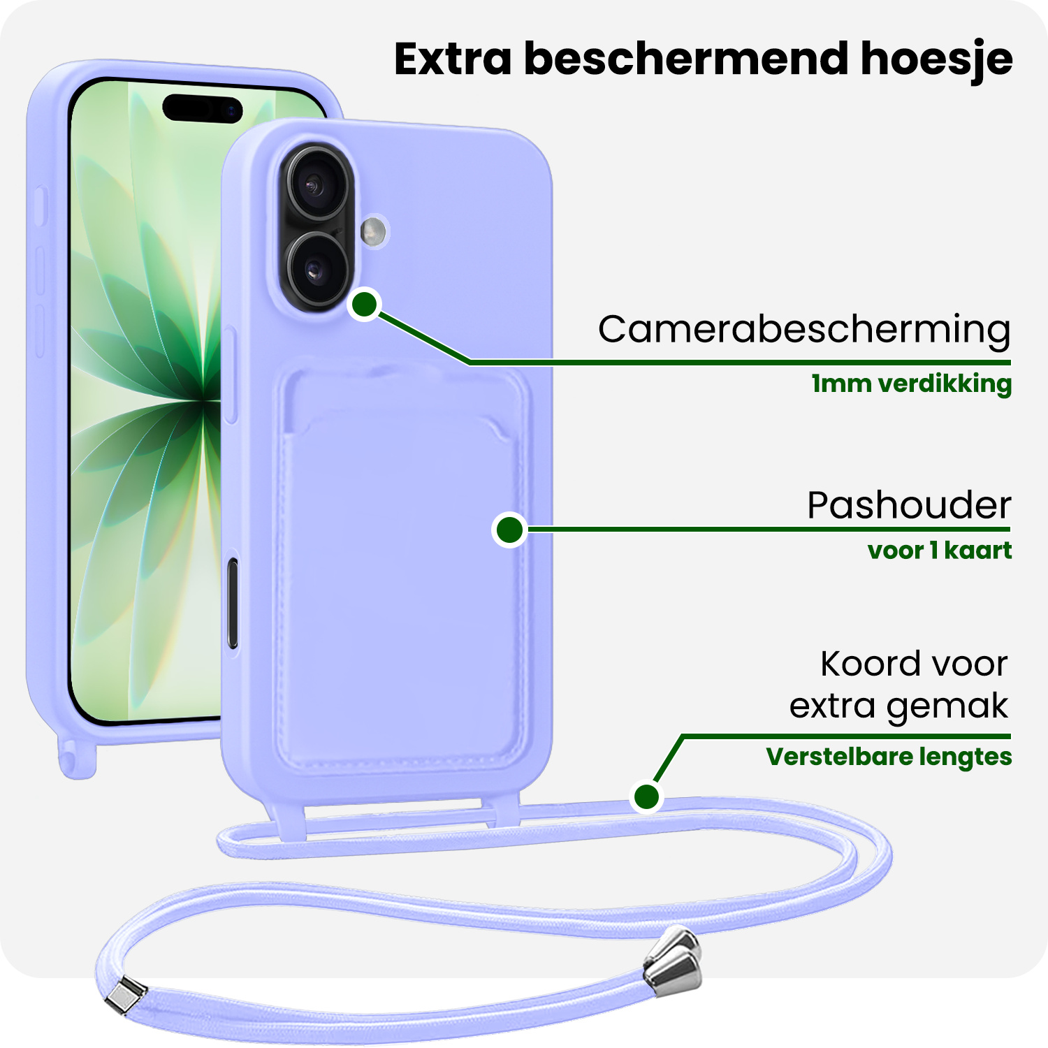 BASEY. BASEY. iPhone 17 Hoesje Pashouder met Koord Met Screenprotector - Lila