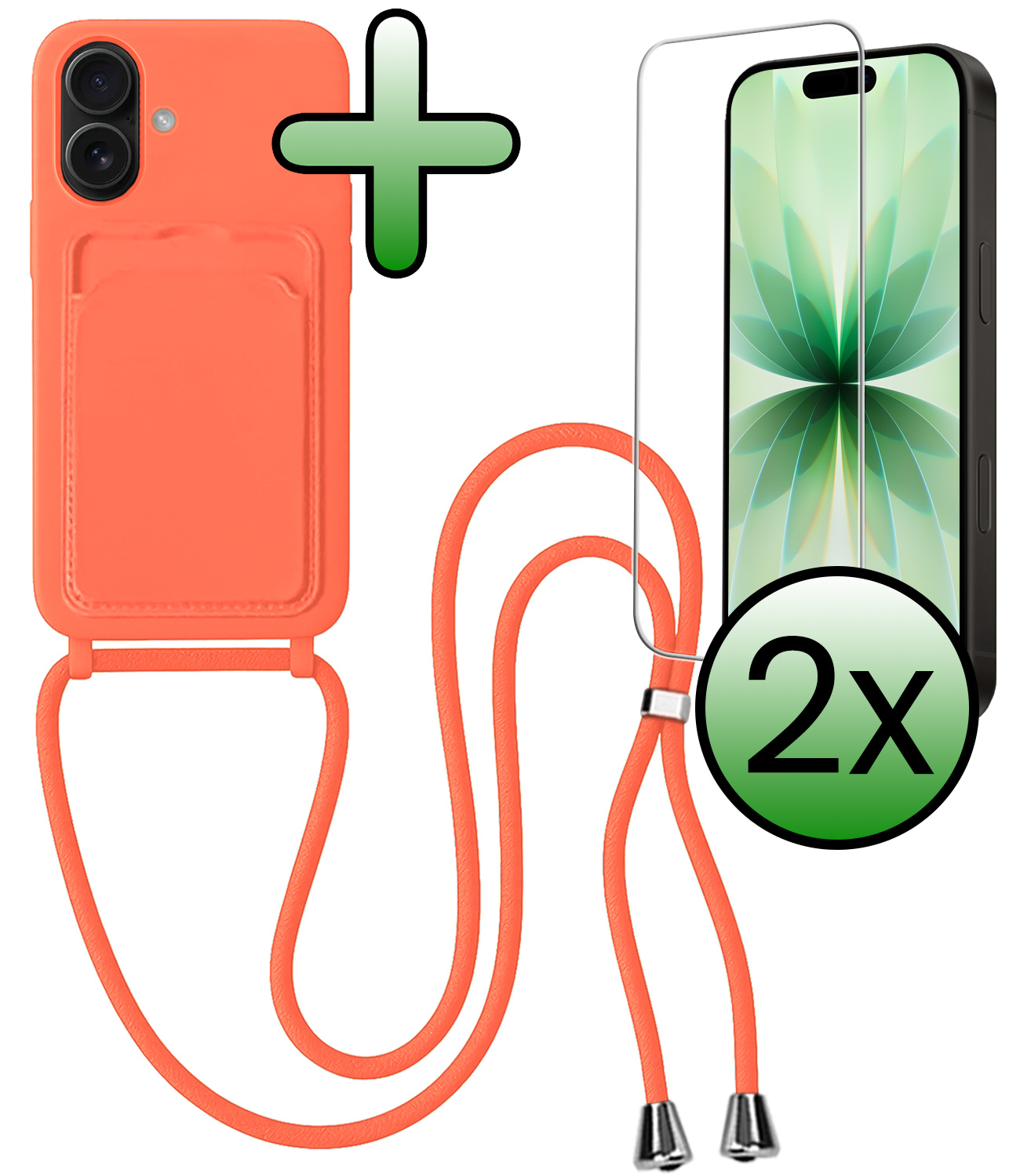 BASEY. BASEY. iPhone 17 Hoesje Pashouder met Koord Met 2x Screenprotector - Papaya