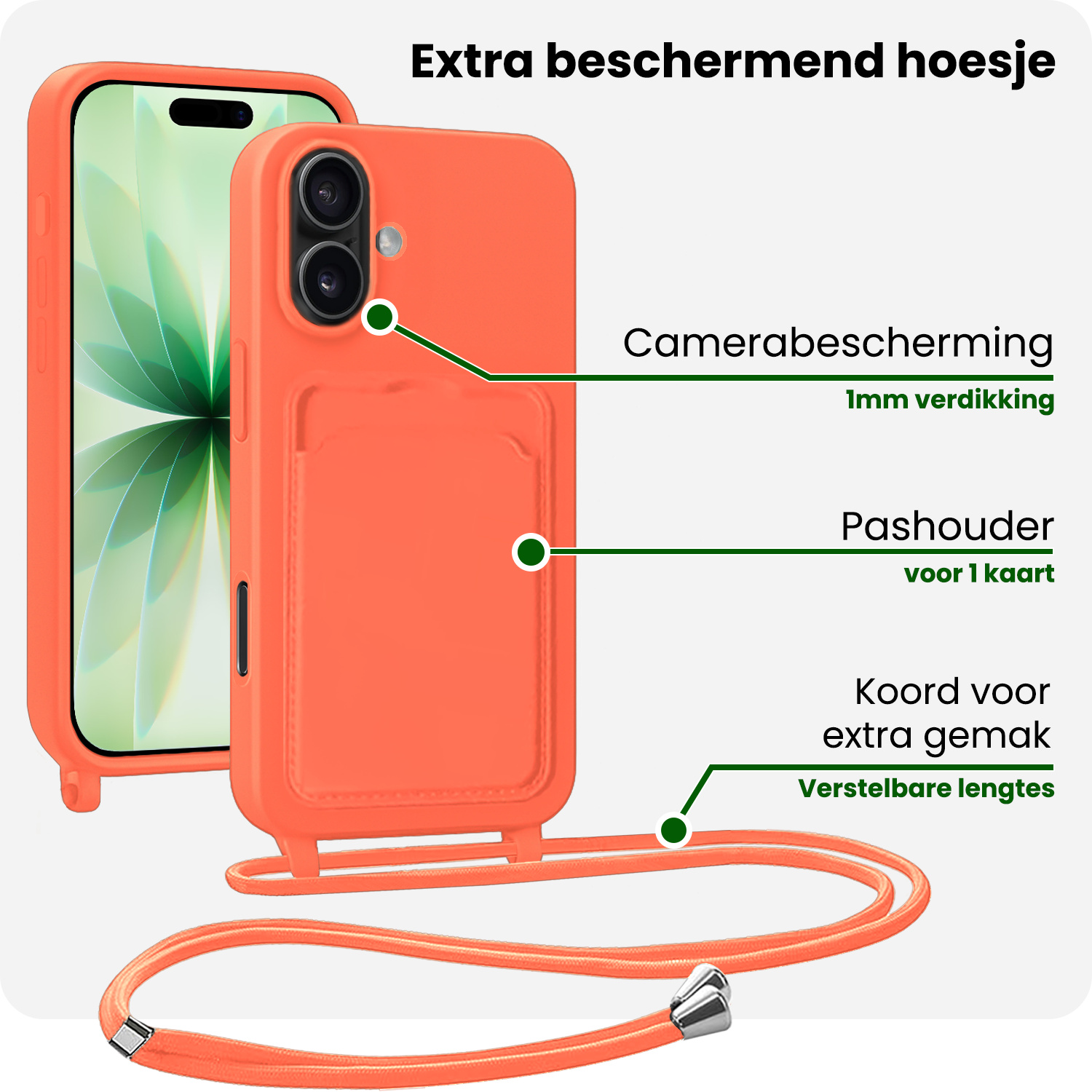 BASEY. BASEY. iPhone 17 Hoesje Pashouder met Koord Met 2x Screenprotector - Papaya