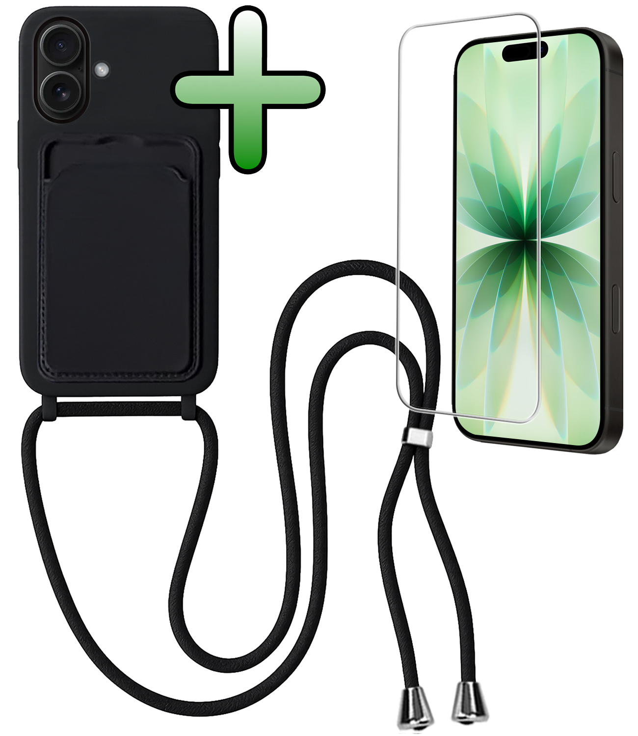 BASEY. BASEY. iPhone 17 Hoesje Pashouder met Koord Met Screenprotector - Zwart