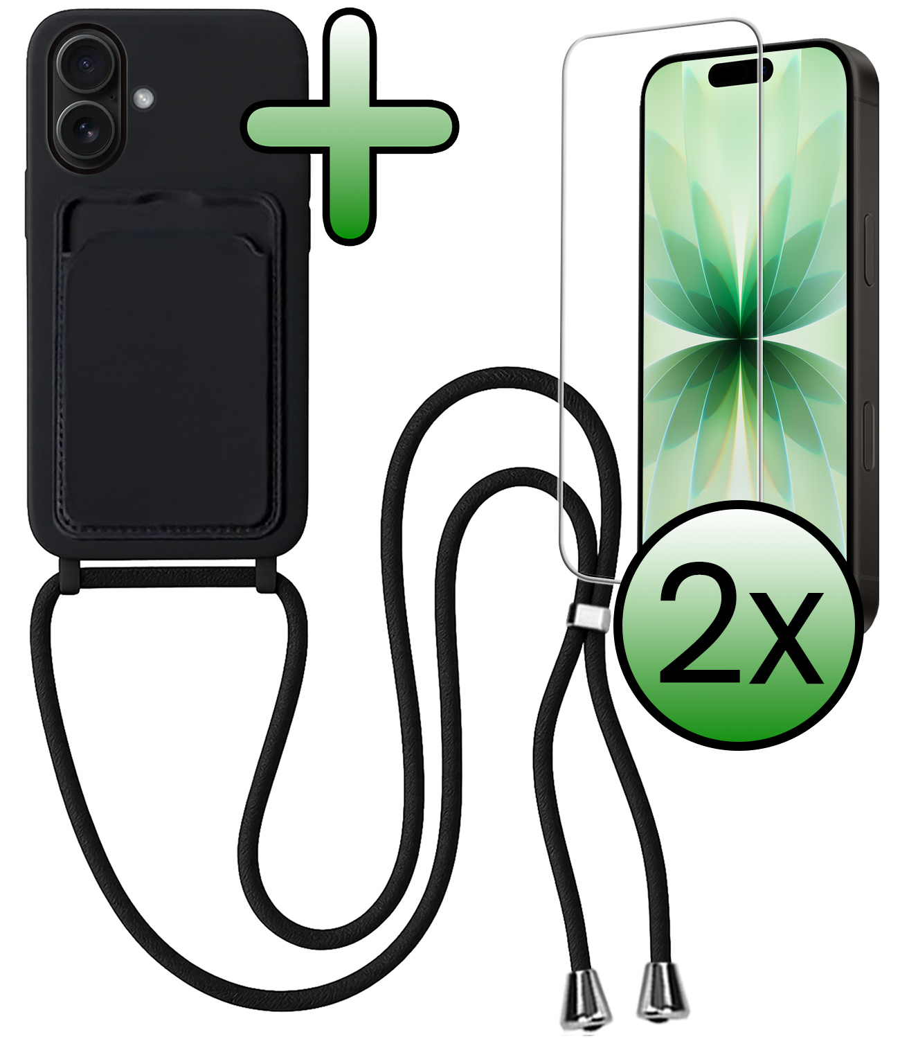 BASEY. BASEY. iPhone 17 Hoesje Pashouder met Koord Met 2x Screenprotector - Zwart