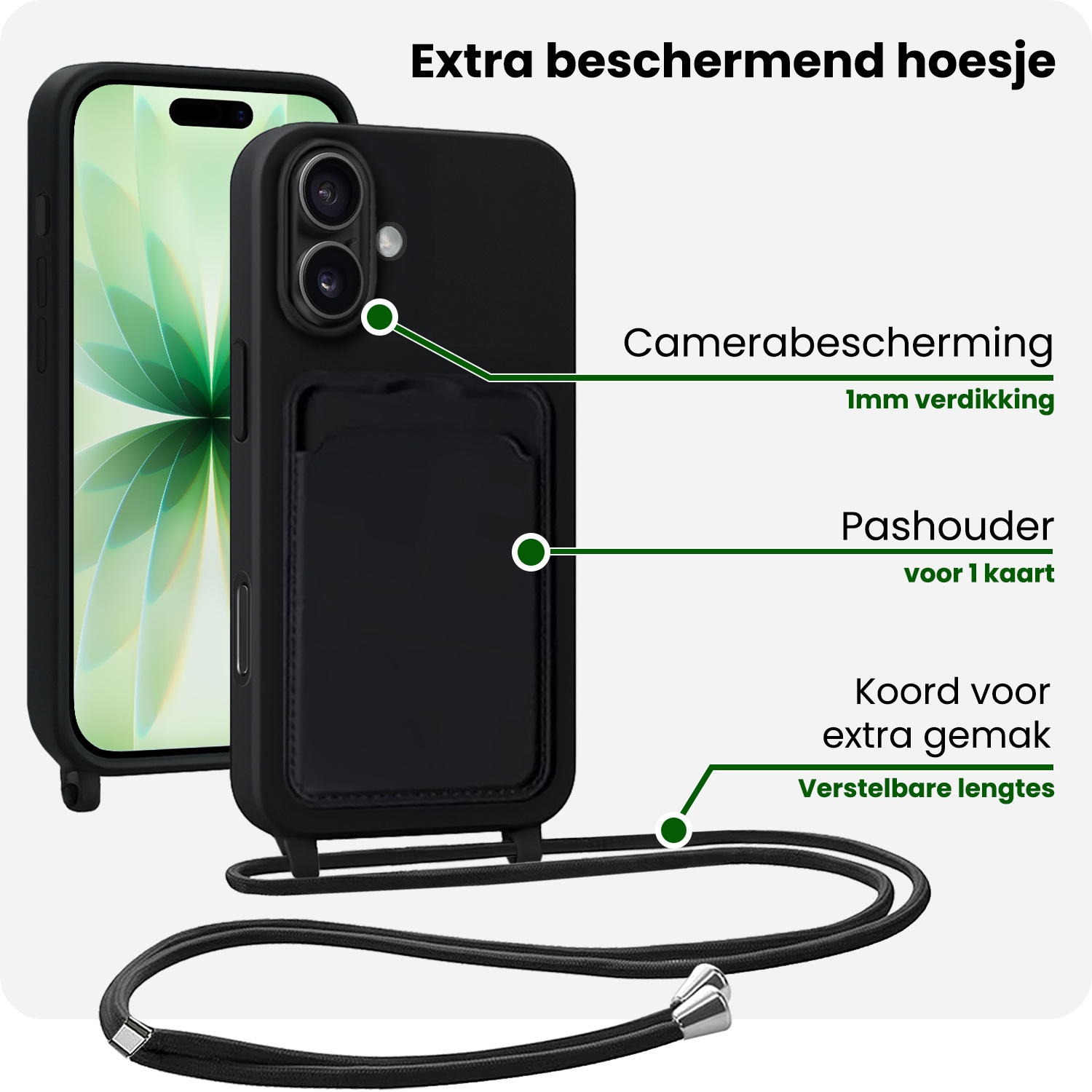 BASEY. BASEY. iPhone 17 Hoesje Pashouder met Koord Met 2x Screenprotector - Zwart