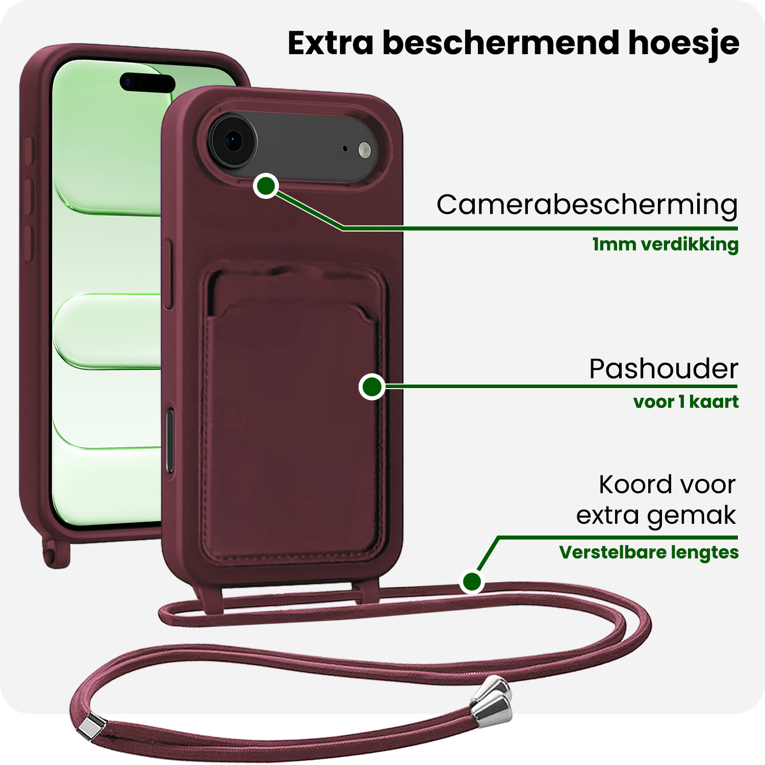 BASEY. BASEY. iPhone Air Hoesje Pashouder met Koord Met 2x Screenprotector - Aubergine
