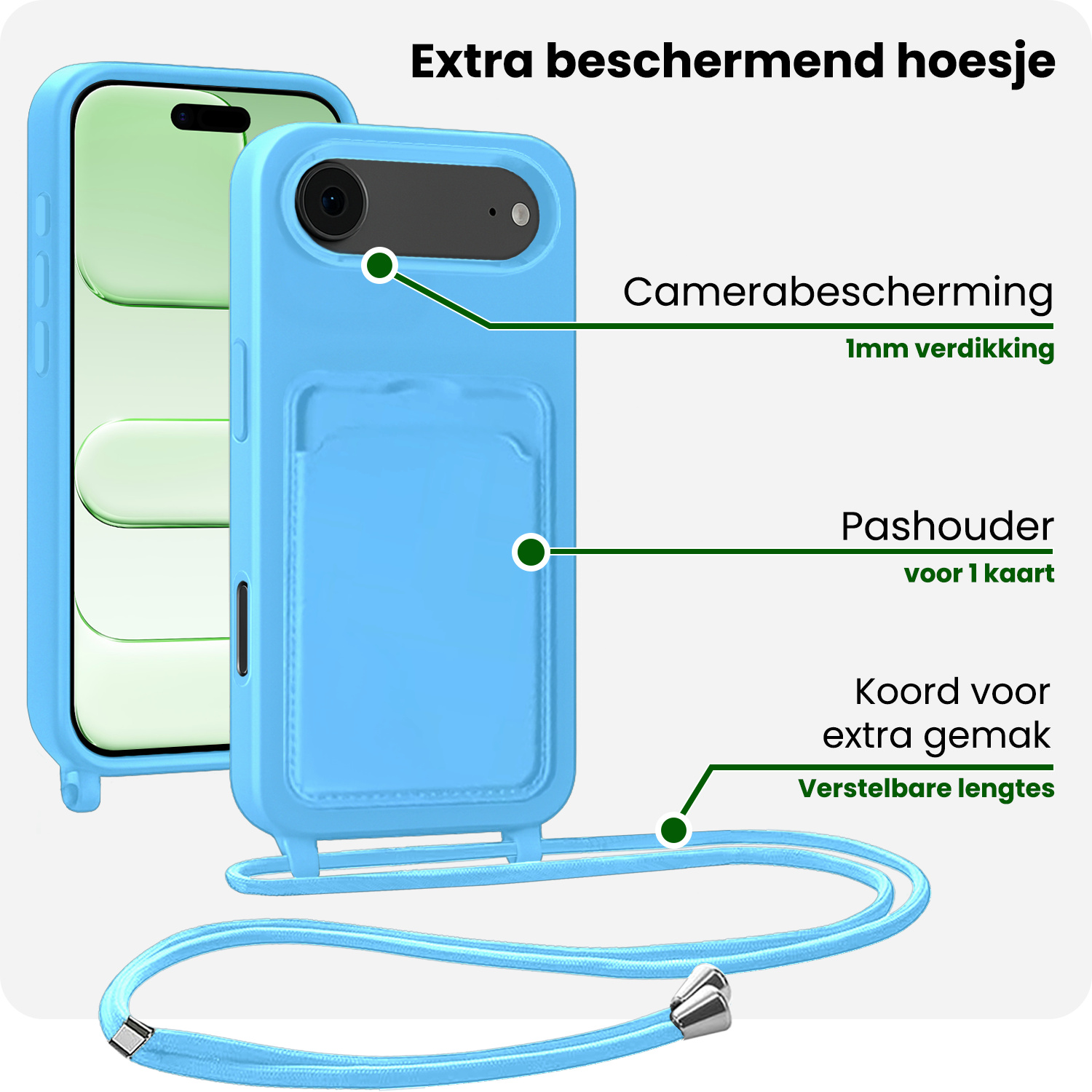 BASEY. BASEY. iPhone Air Hoesje Pashouder met Koord Met Screenprotector - Lichtblauw