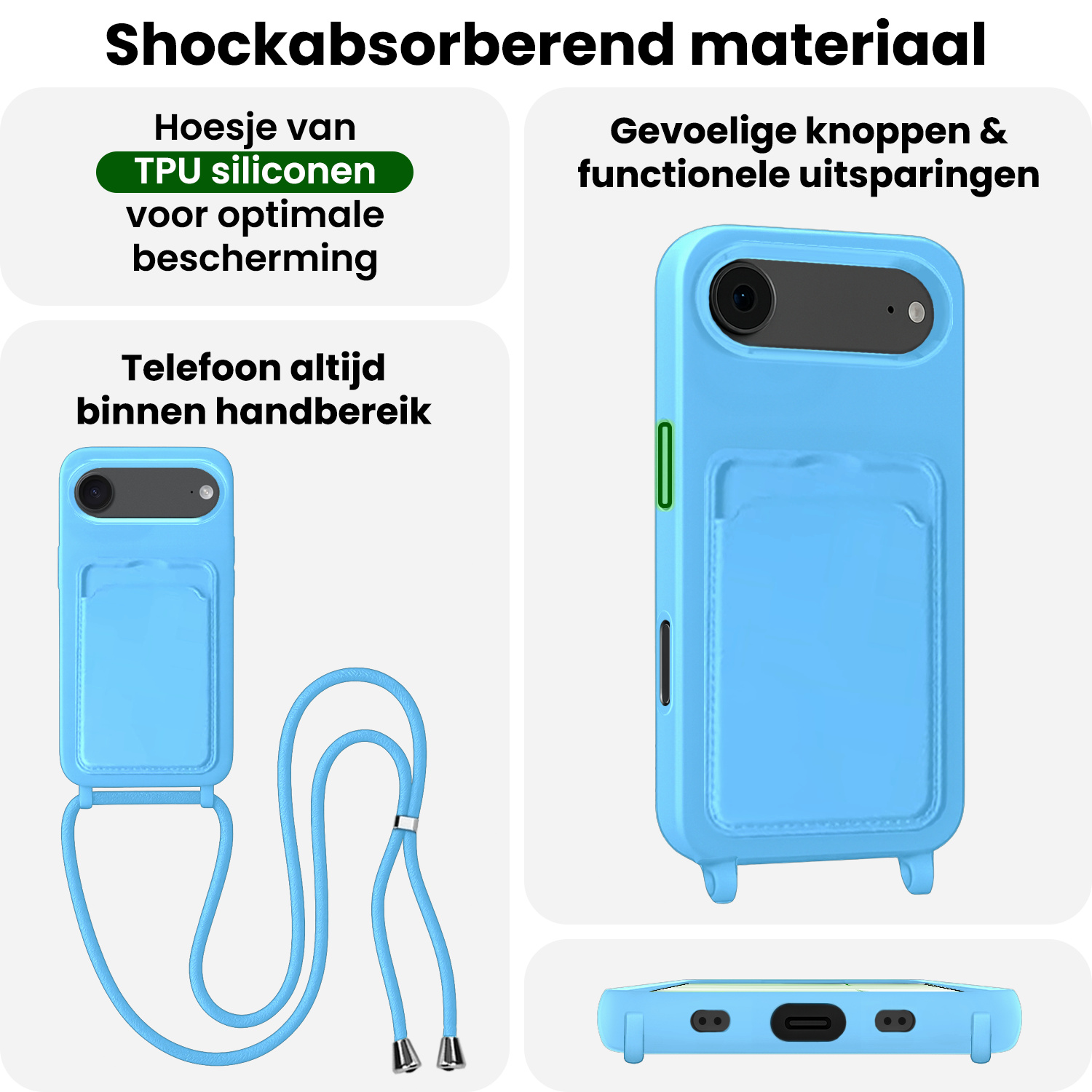 BASEY. BASEY. iPhone Air Hoesje Pashouder met Koord Met Screenprotector - Lichtblauw