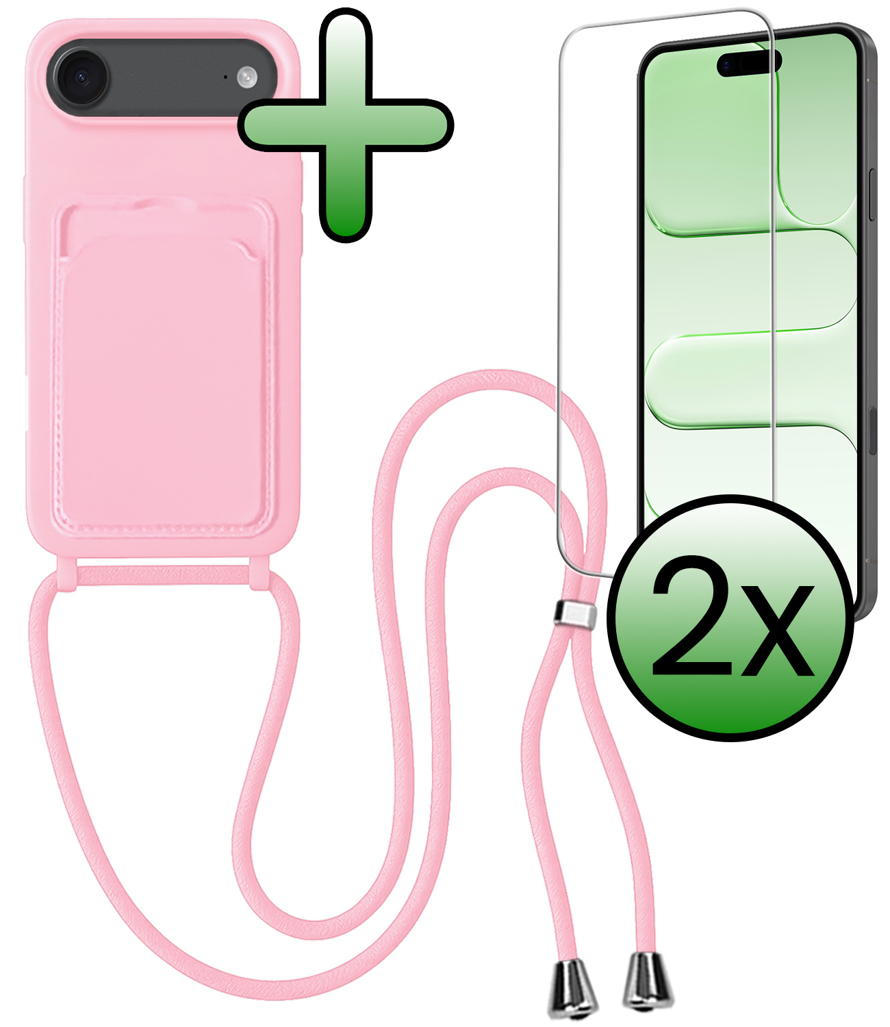 BASEY. BASEY. iPhone Air Hoesje Pashouder met Koord Met 2x Screenprotector - Lichtroze