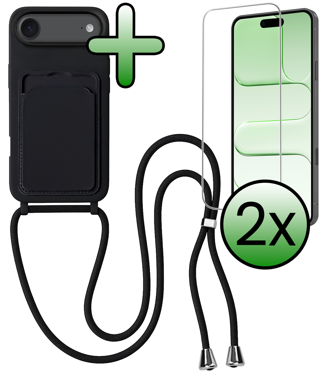 BASEY. BASEY. iPhone Air Hoesje Pashouder met Koord Met 2x Screenprotector - Zwart