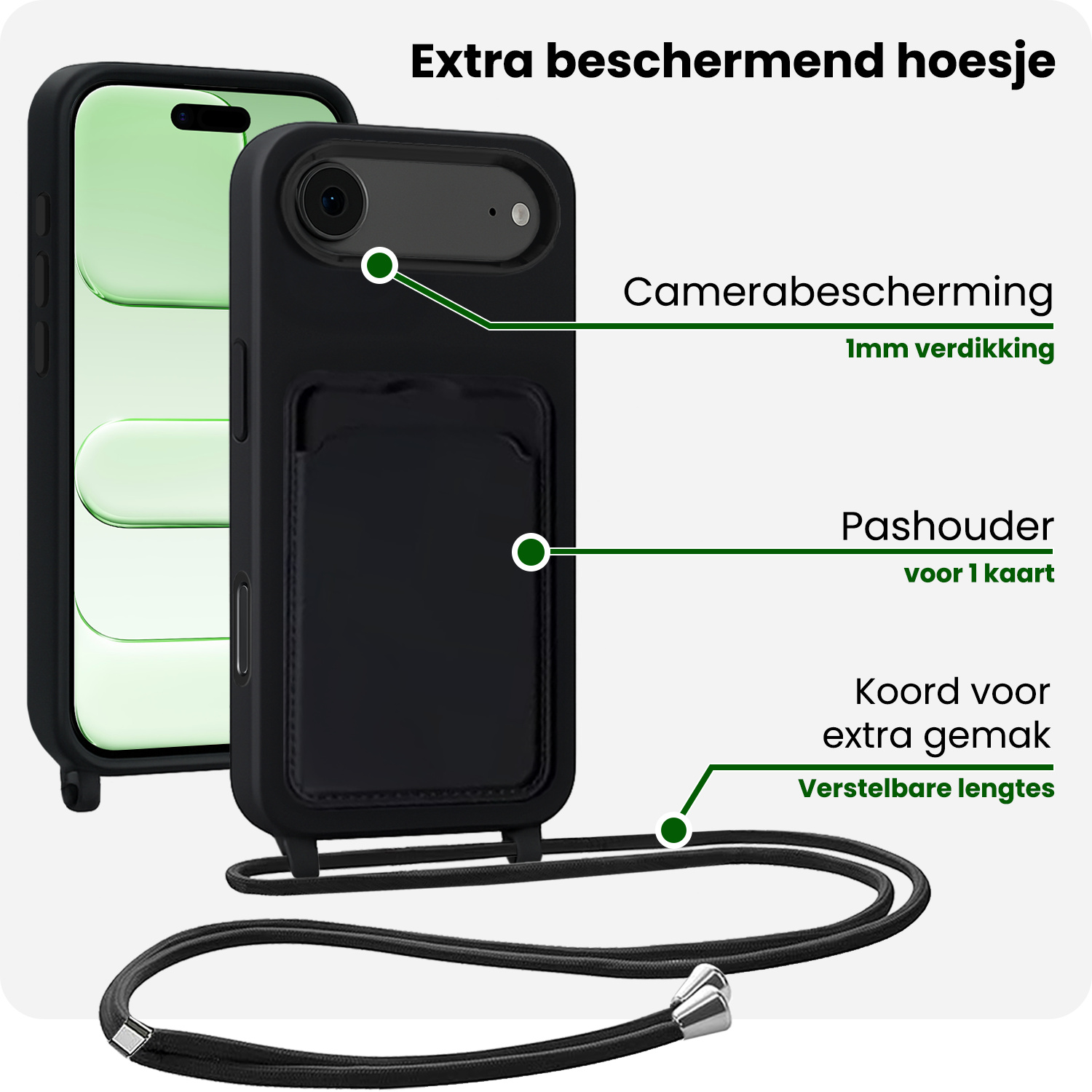BASEY. BASEY. iPhone Air Hoesje Pashouder met Koord Met 2x Screenprotector - Zwart