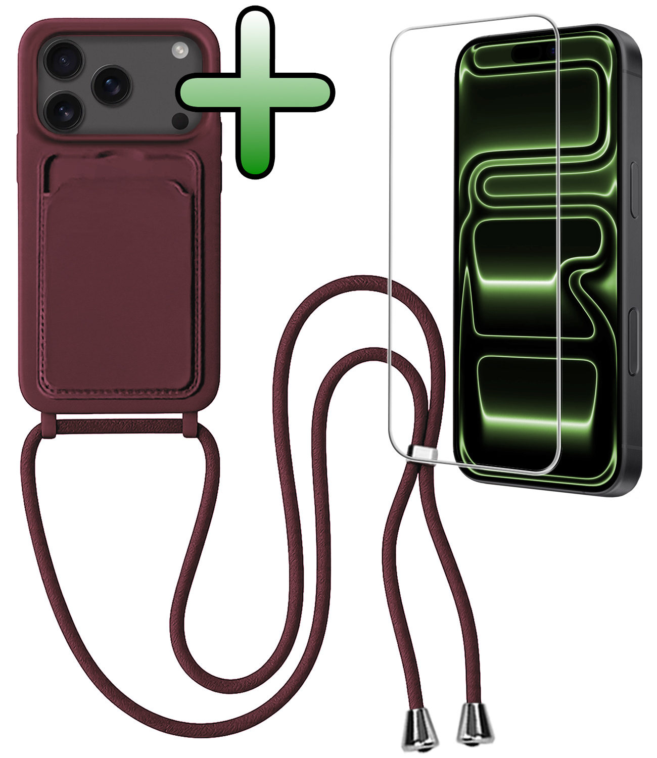 BASEY. BASEY. iPhone 17 Pro Hoesje Pashouder met Koord Met Screenprotector - Aubergine