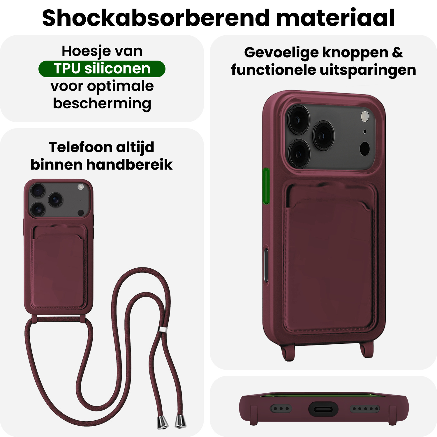 BASEY. BASEY. iPhone 17 Pro Hoesje Pashouder met Koord Met 2x Screenprotector - Aubergine