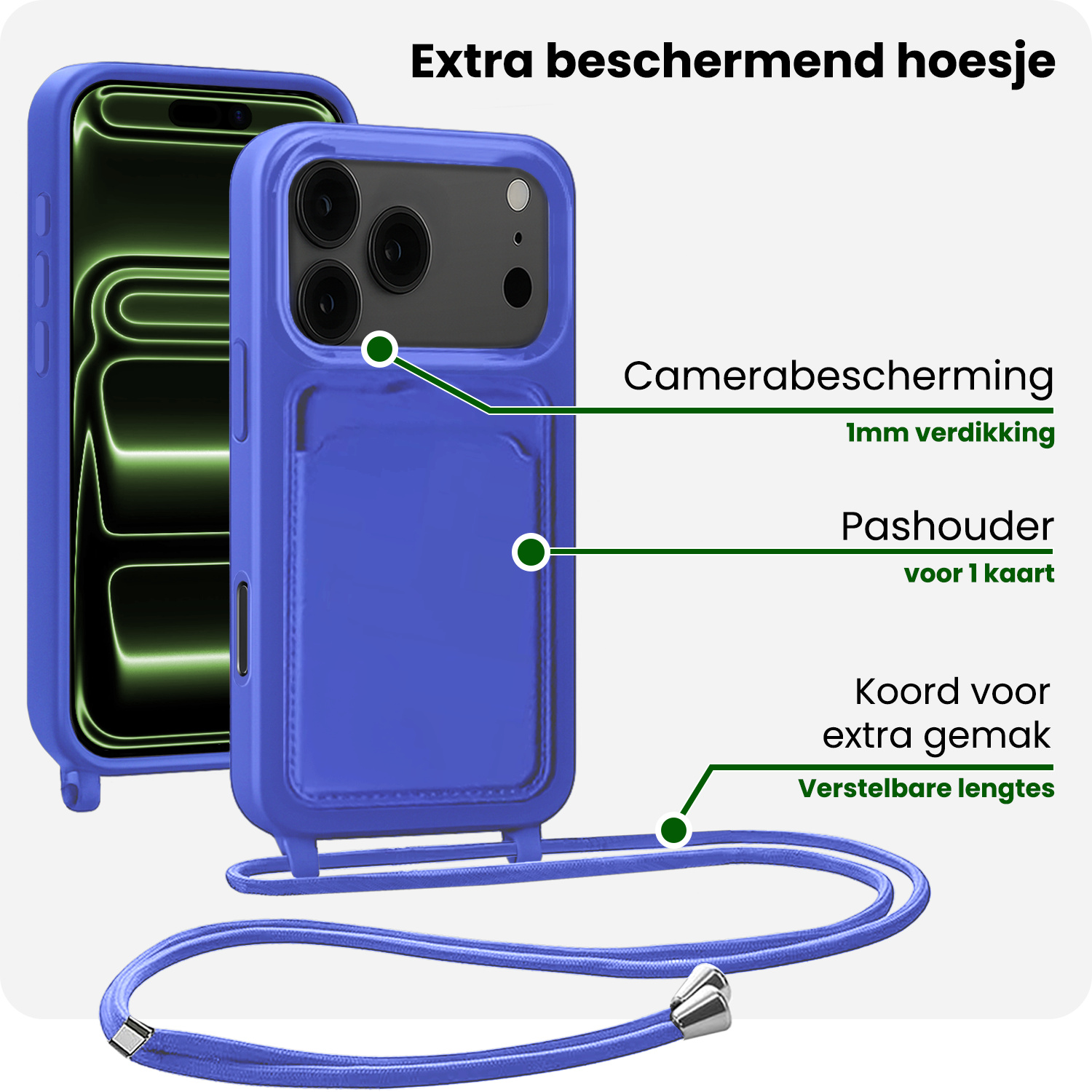 BASEY. BASEY. iPhone 17 Pro Hoesje Pashouder met Koord Met 2x Screenprotector - Fel Blauw