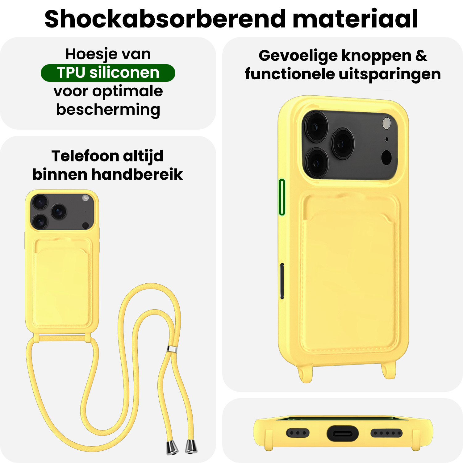BASEY. BASEY. iPhone 17 Pro Hoesje Pashouder met Koord Met 2x Screenprotector - Geel