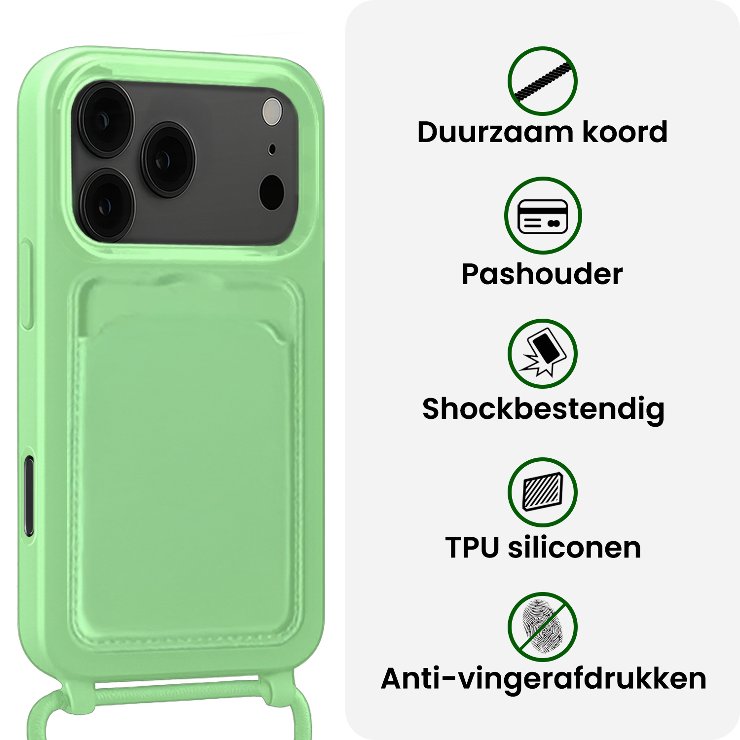 BASEY. BASEY. iPhone 17 Pro Hoesje Pashouder met Koord Met Screenprotector - Groen
