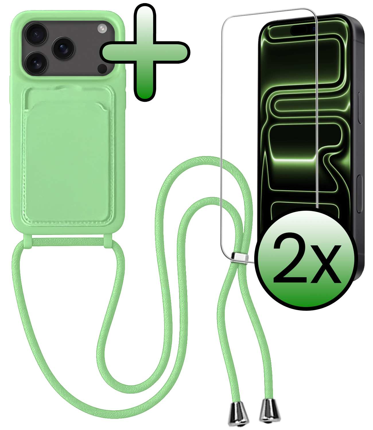 BASEY. BASEY. iPhone 17 Pro Hoesje Pashouder met Koord Met 2x Screenprotector - Groen