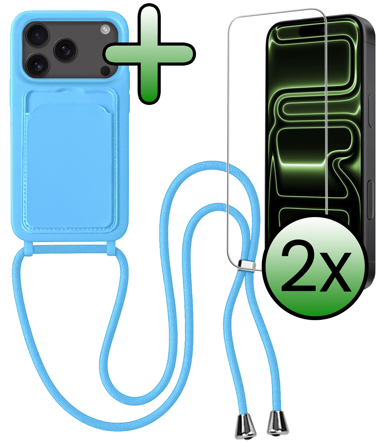 BASEY. BASEY. iPhone 17 Pro Hoesje Pashouder met Koord Met 2x Screenprotector - Lichtblauw