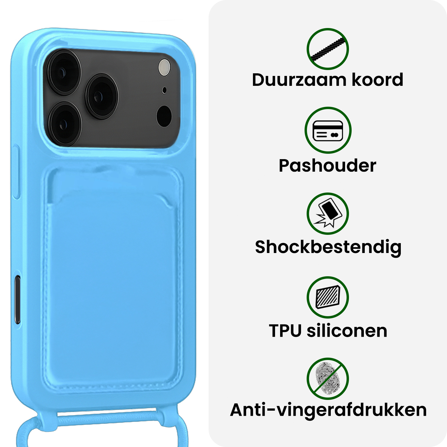BASEY. BASEY. iPhone 17 Pro Hoesje Pashouder met Koord Met 2x Screenprotector - Lichtblauw