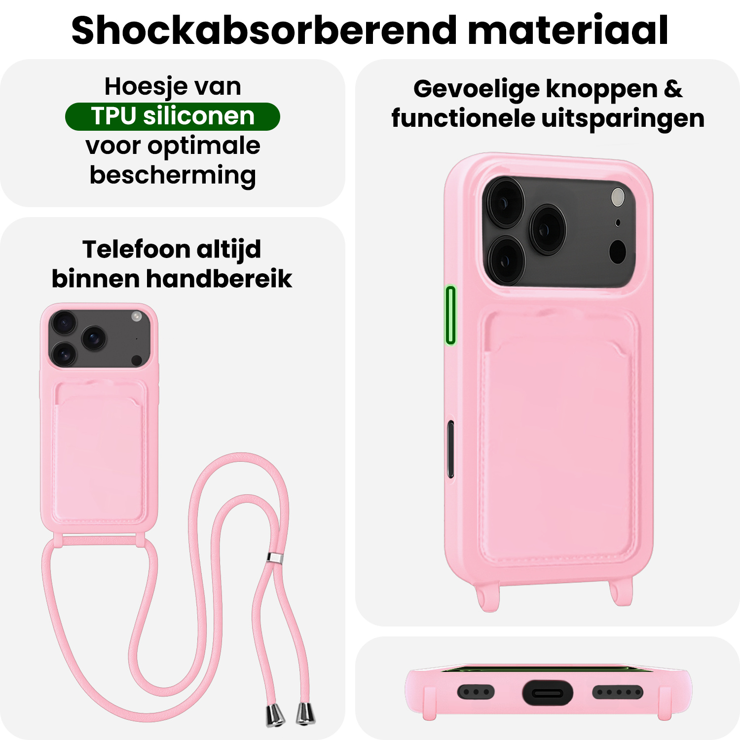 BASEY. BASEY. iPhone 17 Pro Hoesje Pashouder met Koord - Lichtroze