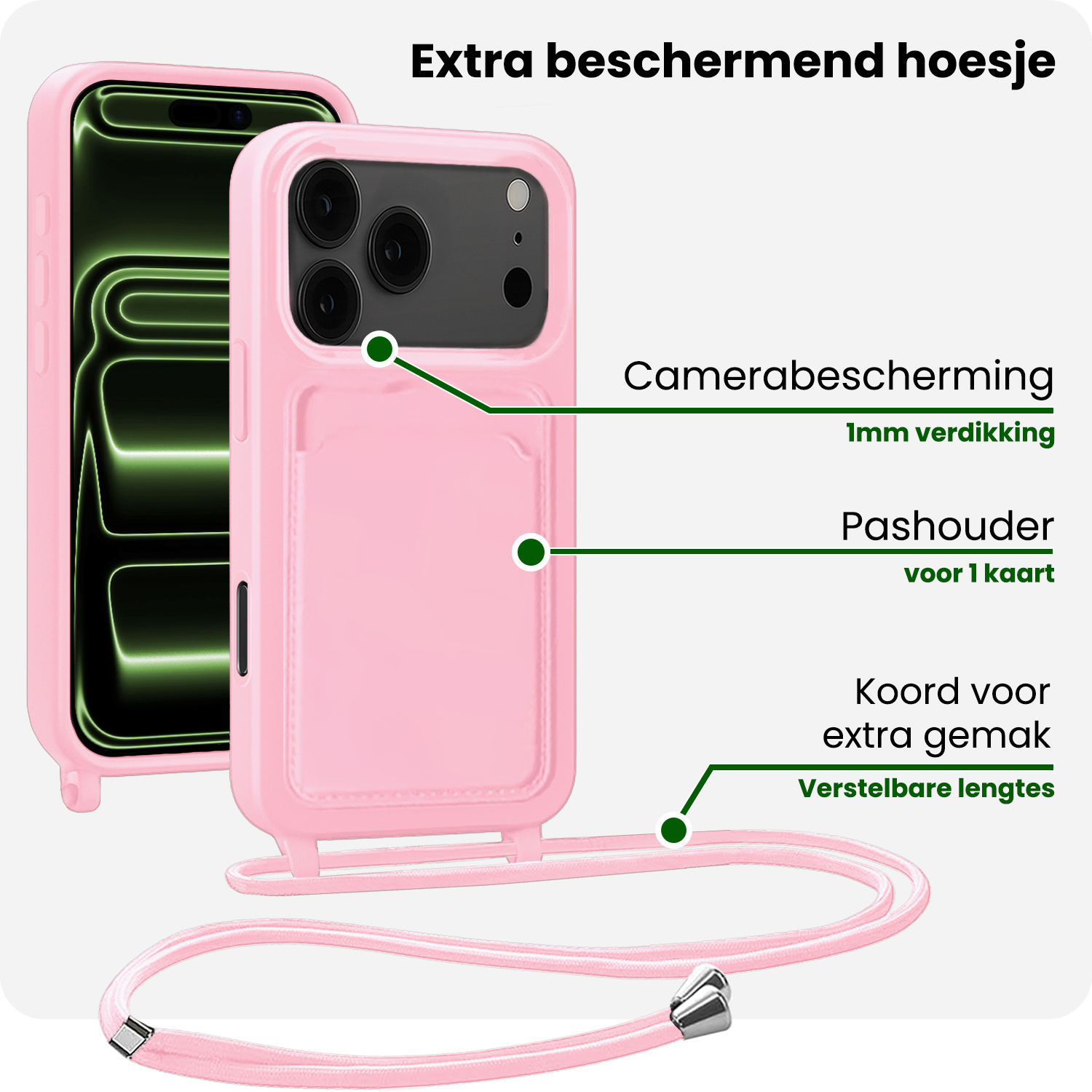 BASEY. BASEY. iPhone 17 Pro Hoesje Pashouder met Koord Met 2x Screenprotector - Lichtroze