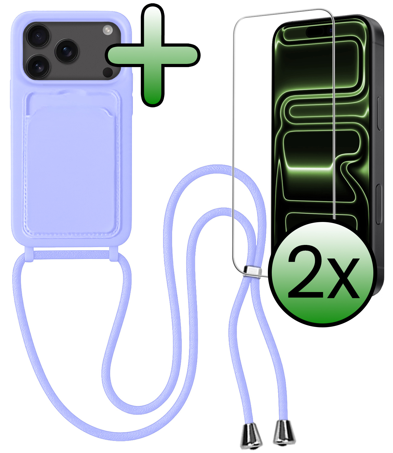 BASEY. BASEY. iPhone 17 Pro Hoesje Pashouder met Koord Met 2x Screenprotector - Lila