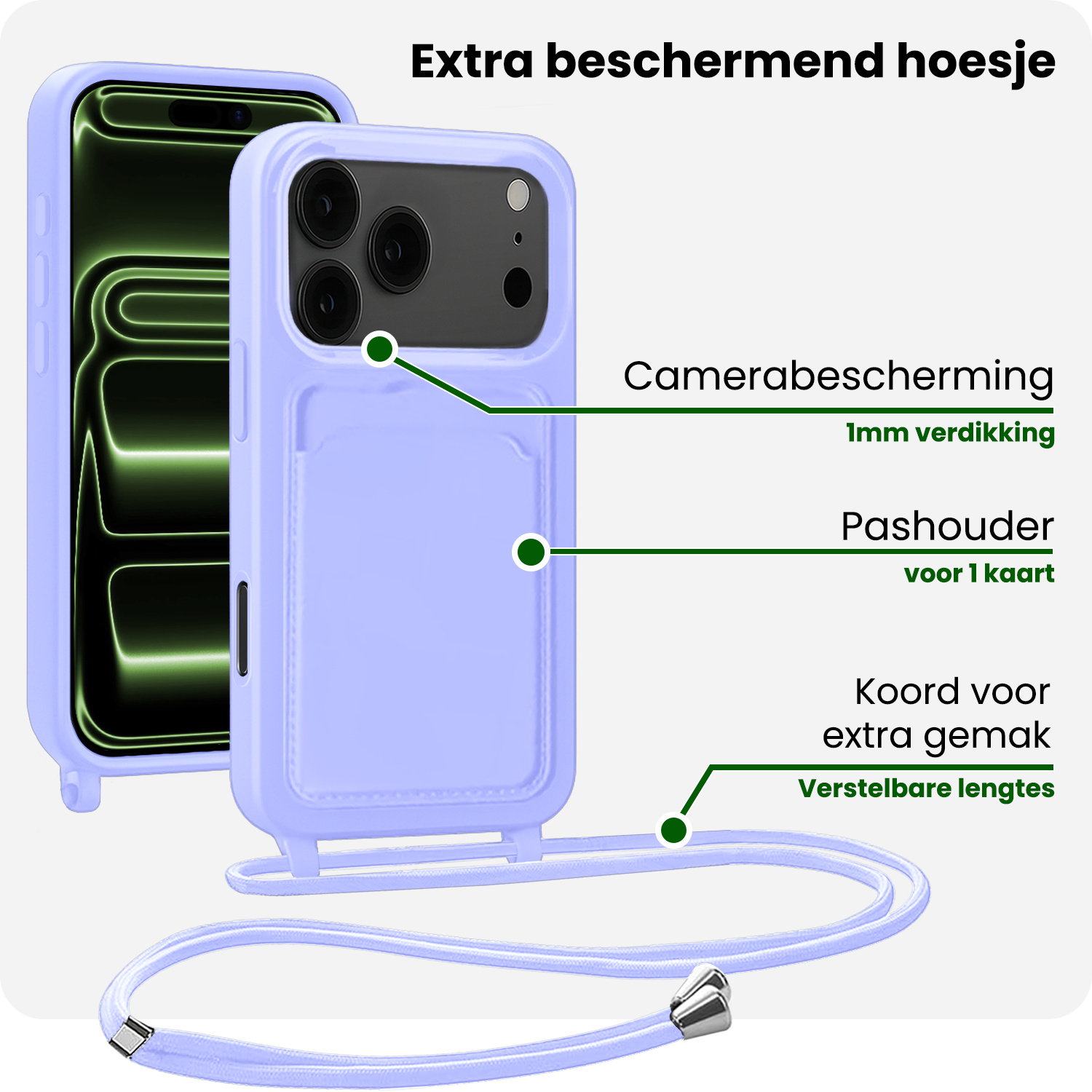 BASEY. BASEY. iPhone 17 Pro Hoesje Pashouder met Koord Met 2x Screenprotector - Lila