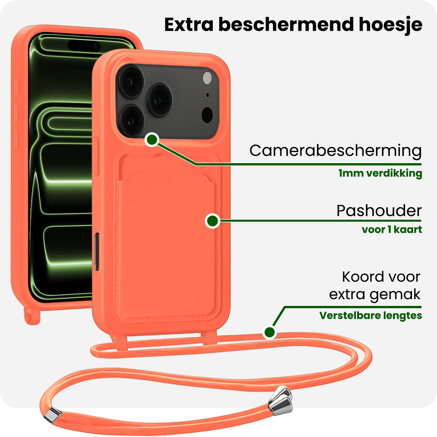 BASEY. BASEY. iPhone 17 Pro Hoesje Pashouder met Koord Met Screenprotector - Papaya