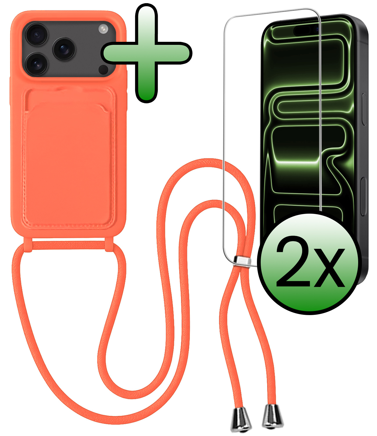 BASEY. BASEY. iPhone 17 Pro Hoesje Pashouder met Koord Met 2x Screenprotector - Papaya