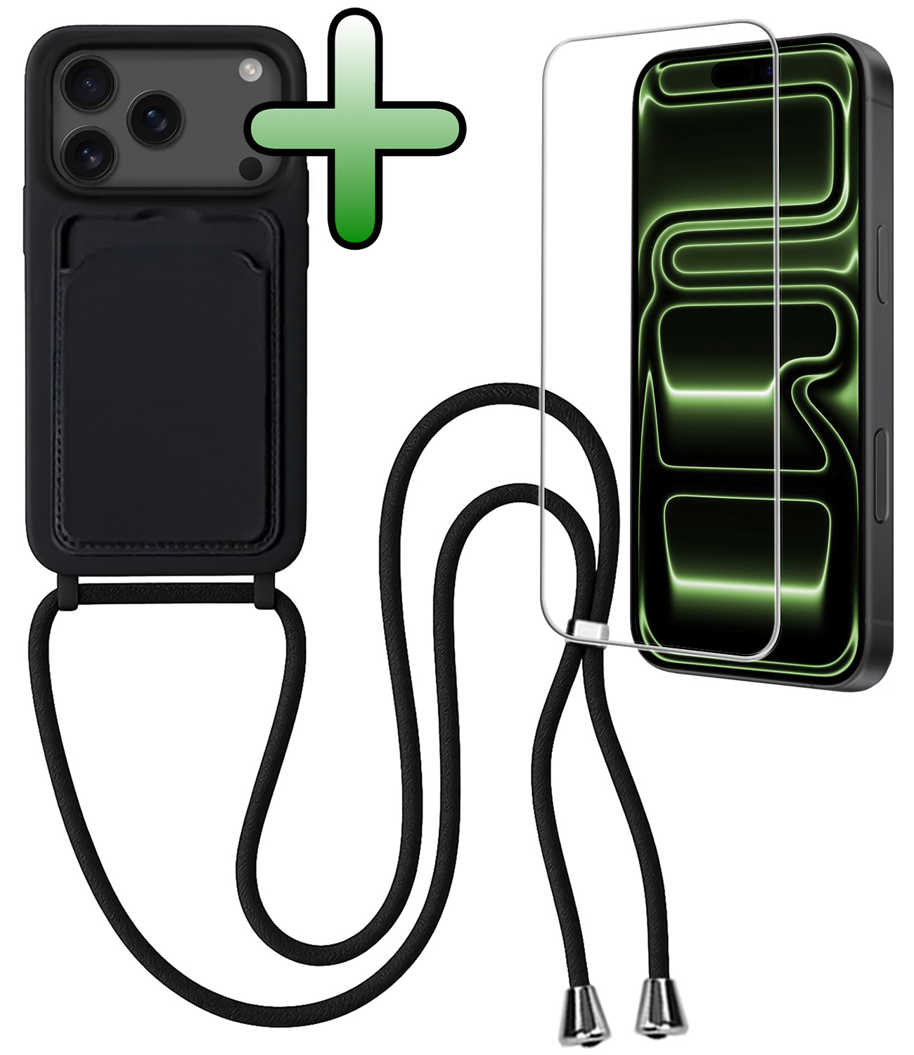 BASEY. BASEY. iPhone 17 Pro Hoesje Pashouder met Koord Met Screenprotector - Zwart