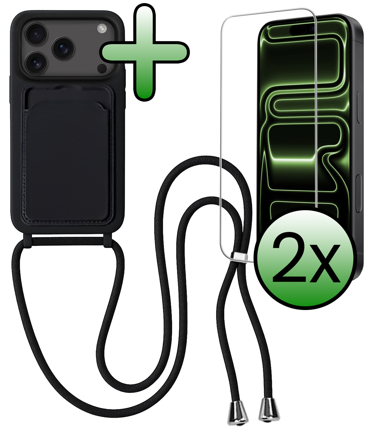 BASEY. BASEY. iPhone 17 Pro Hoesje Pashouder met Koord Met 2x Screenprotector - Zwart