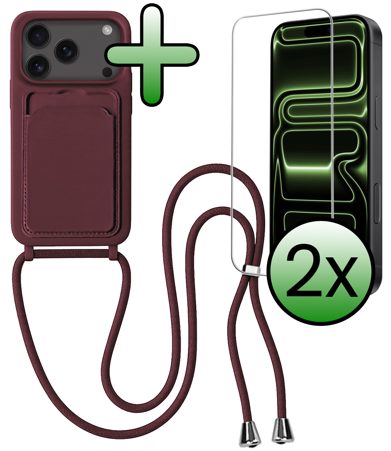 BASEY. BASEY. iPhone 17 Pro Max Hoesje Pashouder met Koord Met 2x Screenprotector - Aubergine