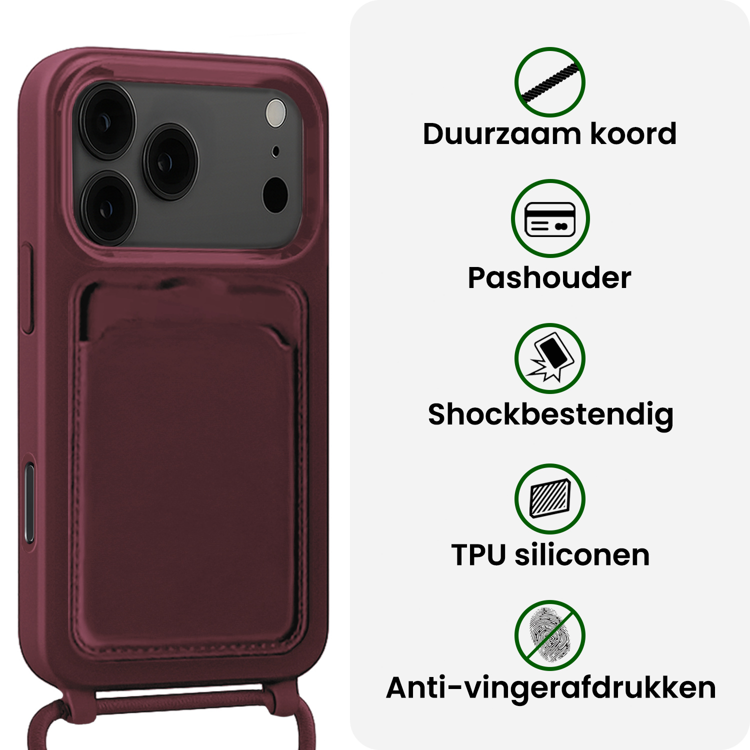 BASEY. BASEY. iPhone 17 Pro Max Hoesje Pashouder met Koord Met 2x Screenprotector - Aubergine