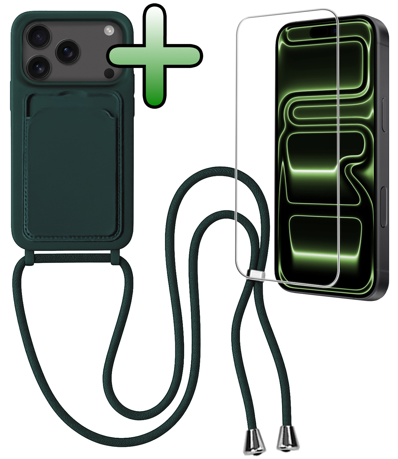 BASEY. BASEY. iPhone 17 Pro Max Hoesje Pashouder met Koord Met Screenprotector - Donkergroen