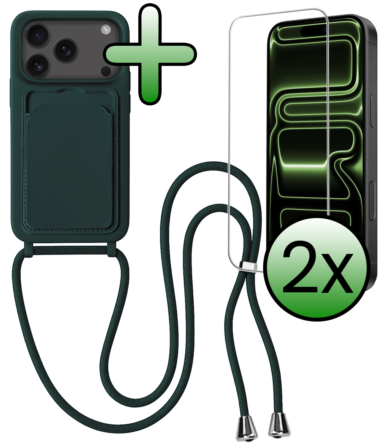 BASEY. BASEY. iPhone 17 Pro Max Hoesje Pashouder met Koord Met 2x Screenprotector - Donkergroen