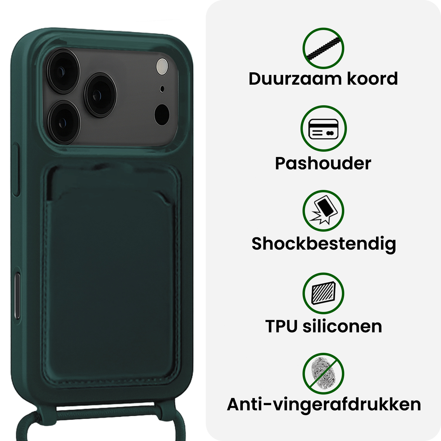 BASEY. BASEY. iPhone 17 Pro Max Hoesje Pashouder met Koord Met 2x Screenprotector - Donkergroen