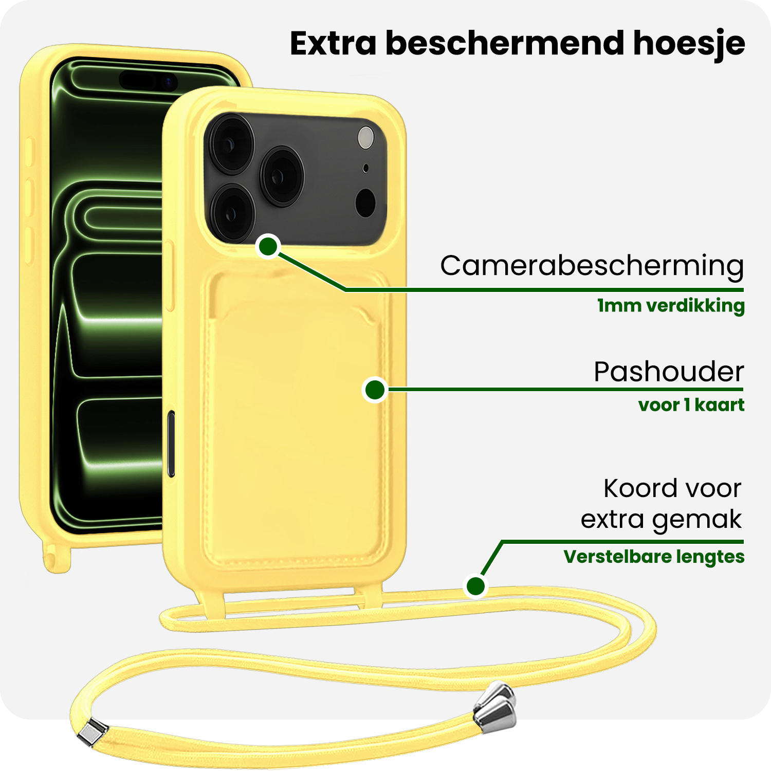BASEY. BASEY. iPhone 17 Pro Max Hoesje Pashouder met Koord Met 2x Screenprotector - Geel