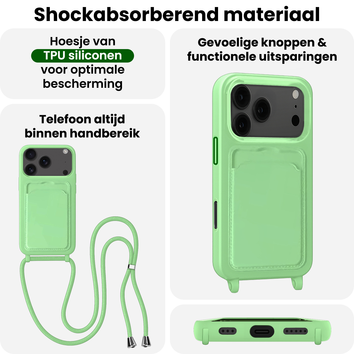 BASEY. BASEY. iPhone 17 Pro Max Hoesje Pashouder met Koord Met 2x Screenprotector - Groen