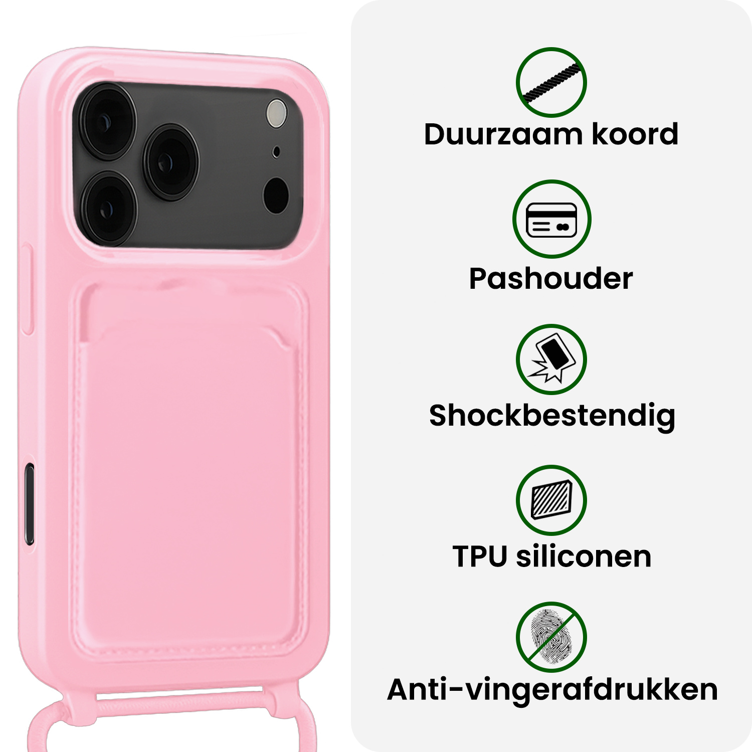 BASEY. BASEY. iPhone 17 Pro Max Hoesje Pashouder met Koord Met Screenprotector - Lichtroze
