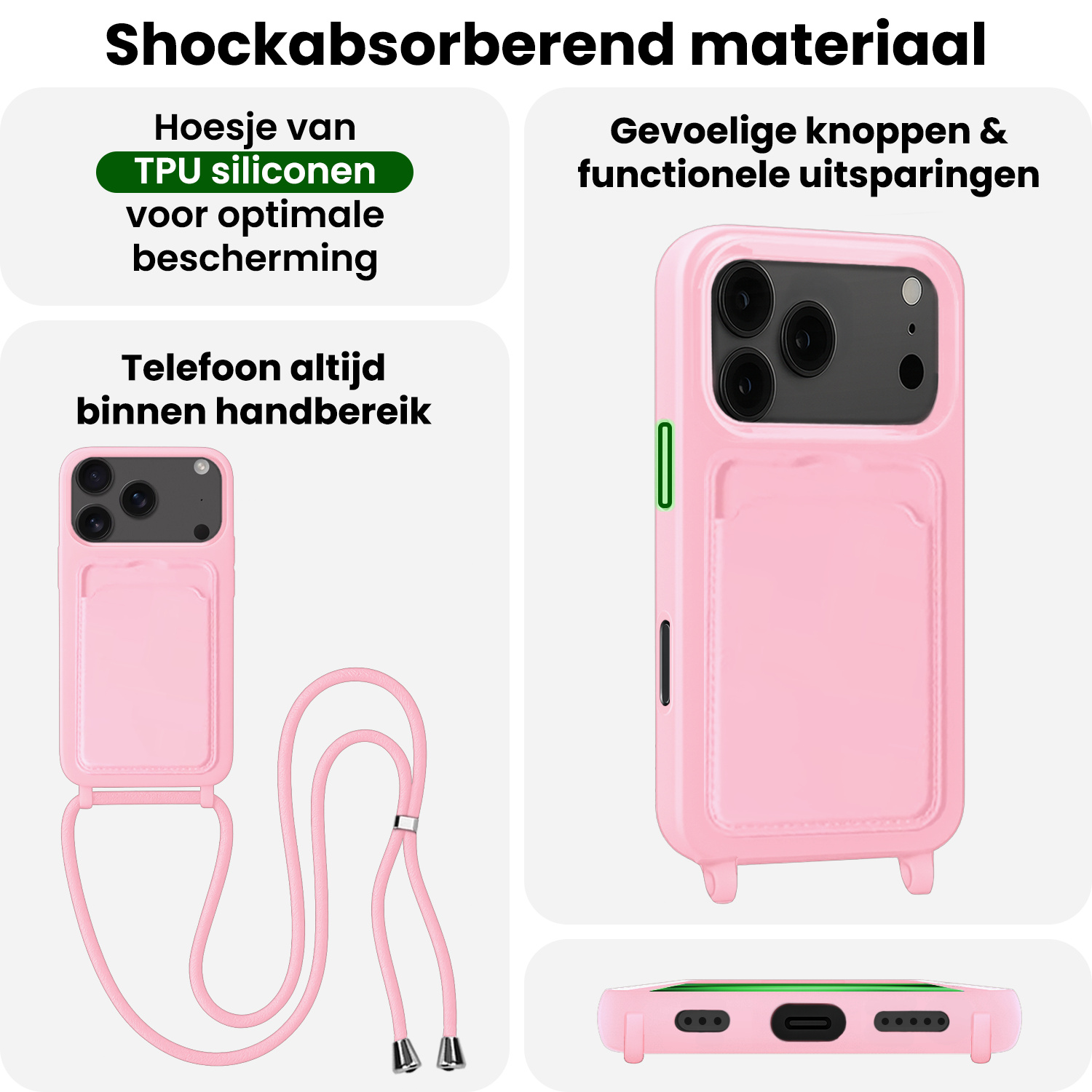BASEY. BASEY. iPhone 17 Pro Max Hoesje Pashouder met Koord Met 2x Screenprotector - Lichtroze