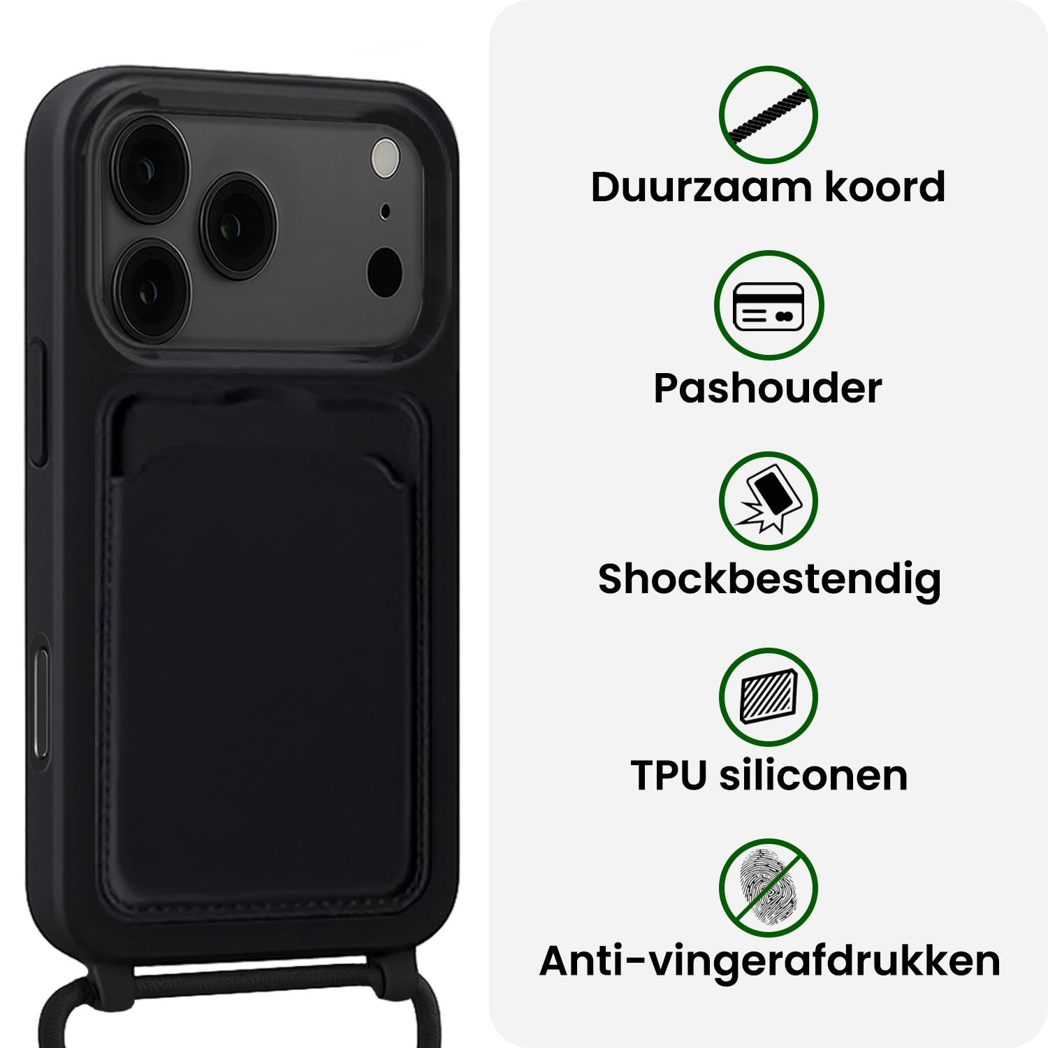BASEY. BASEY. iPhone 17 Pro Max Hoesje Pashouder met Koord Met 2x Screenprotector - Zwart